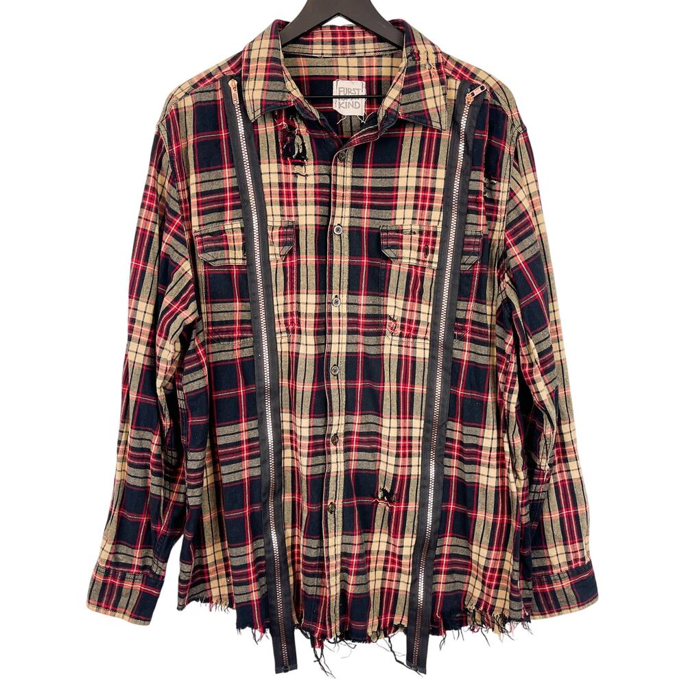 Furst of A Kind Size XL 46-48 Mens Button Down Plaid Zipper Shirt Red Distressed